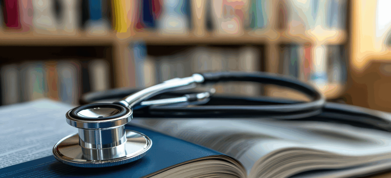 stethoscope rests on open medical textbook