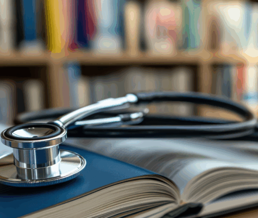 stethoscope rests on open medical textbook