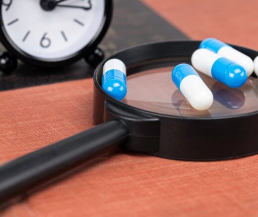 Four pills sitting on top of a magnifying glass with a clock in the background.