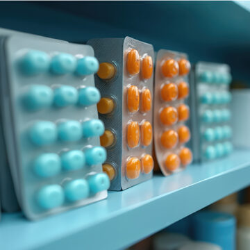 Pill packs on a shelf