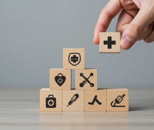 wooden blocks with health care symbols stacked in a pyramid
