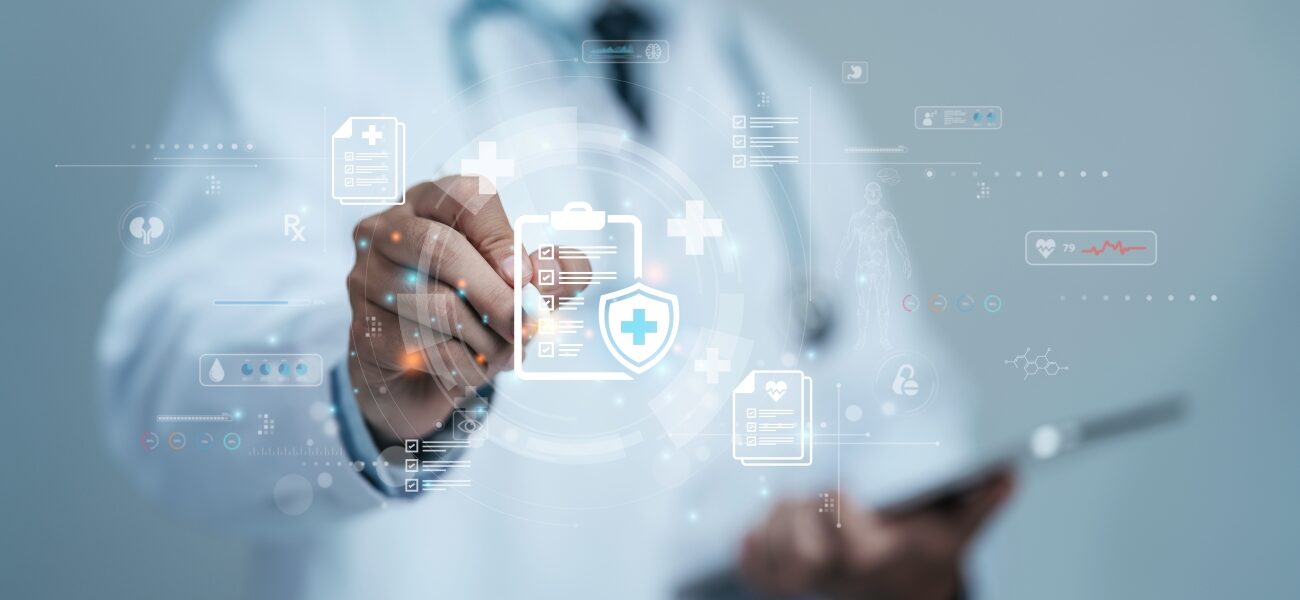 Doctor with online checklist survey for health care checkup, assessment, questionnaire on digital form.