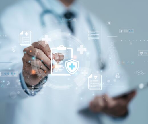 Doctor with online checklist survey for health care checkup, assessment, questionnaire on digital form.