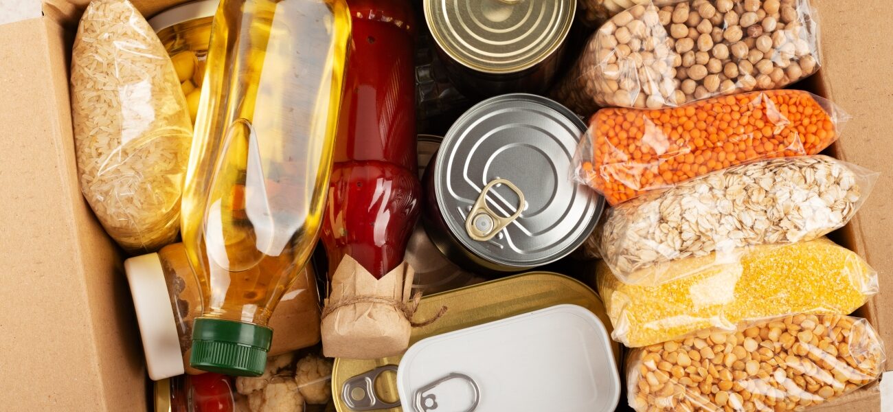 Nonperishable foods in carton box.