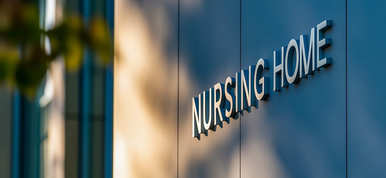 Exterior of building with signage of "nursing home."