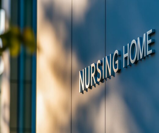Exterior of building with signage of "nursing home."
