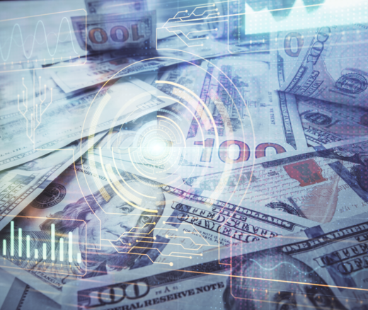 Double exposure of data theme drawing over us dollars bill background.