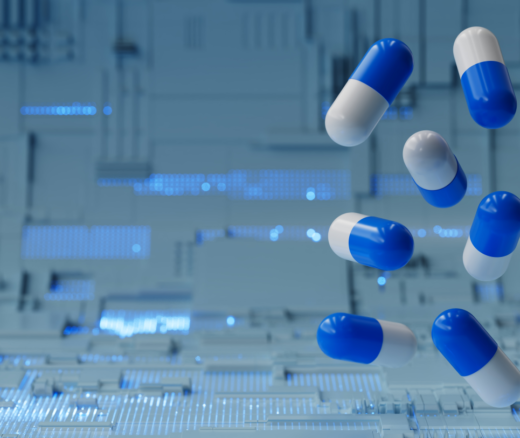 Seven capsules floating above a computer board