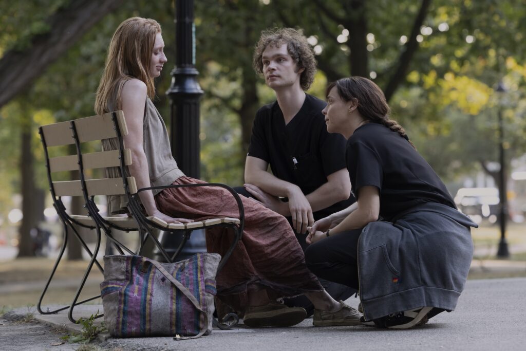 Lorna Lominac Lucas Iverson, and Fiona Dourif in The Pitt, Season 2. Photograph by Warrick Page. Courtesy of HBO Max.