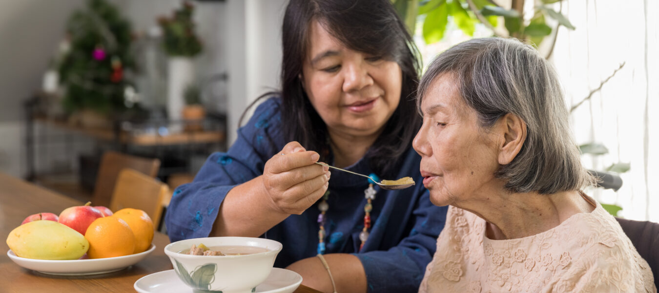 Daughter feeding elderly mother with soup.