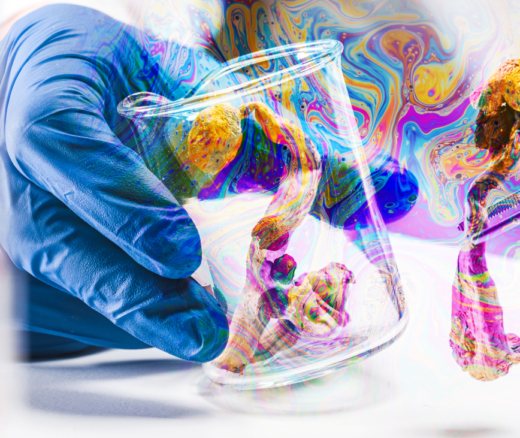 Magic Mushrooms with psychedelic colors in laboratory.