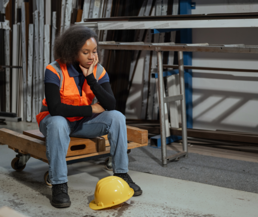 A female construction worker sitting and looking down at her construction hat